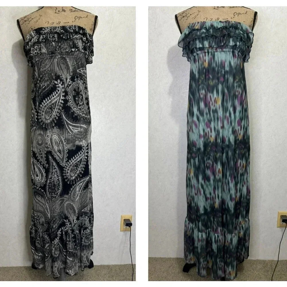 WOMEN’S MAXI TIERED STRAPLESS DRESS LOT 2 Small Fairy Goth Grunge Beachy Travel